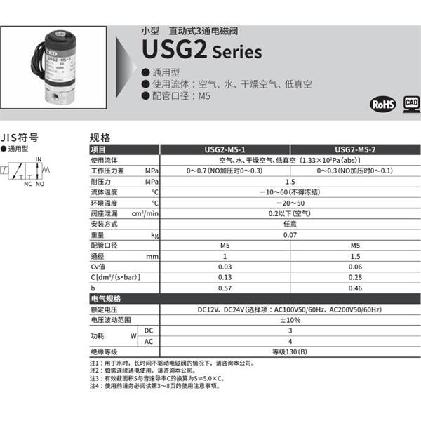 CKD喜開理多種流體小型直動(dòng)式2通電磁閥USG2-M5-2-AC100V