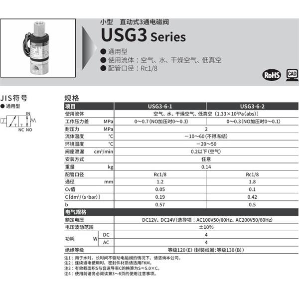 CKD喜開理多種流體小型直動(dòng)式2通電磁閥USG3-6-1-B-AC200V