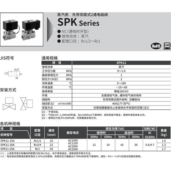 CKD喜開理蒸汽用先導突跳式2通電磁閥SPK11-20N-K4A-AC100V